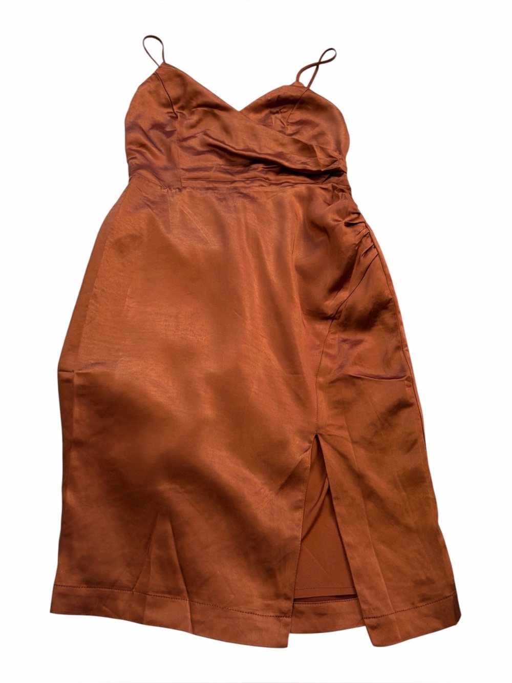 Lulu’s bronze satin midi dress faux-wrap bodice and a side slit. Size Small NWT